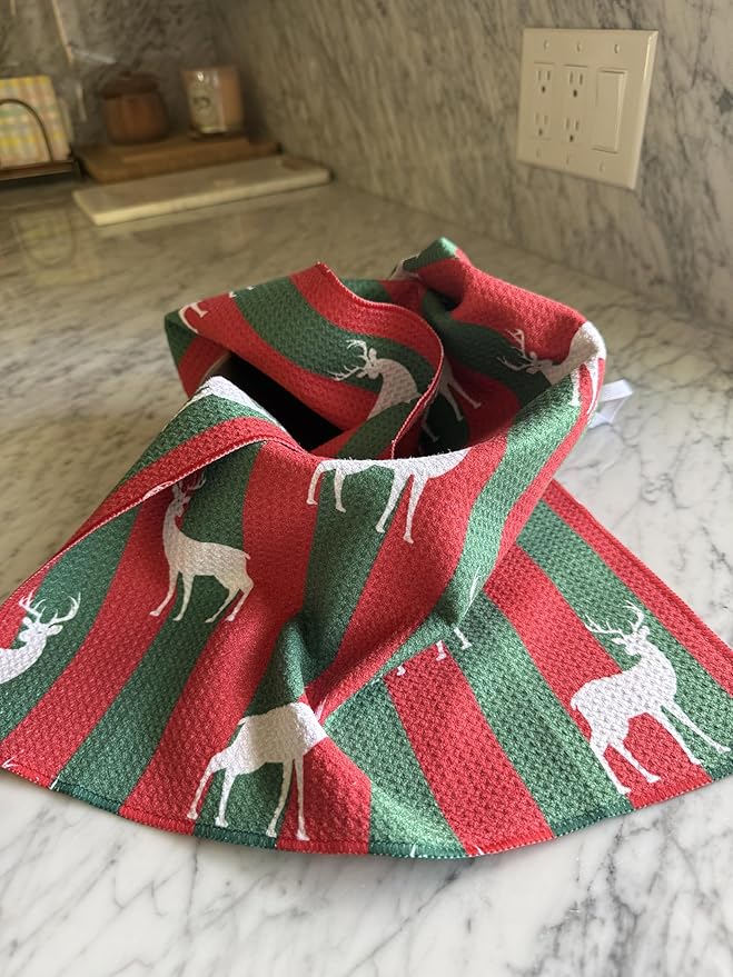 || 3 Pack|| Double Sided Dish Towels || Waffle Weave Microfiber || Highly Absorbent || Hanging Loop || Dish Cloths || Modern || Designer Prints || Lights (Christmas Lights red and Green)