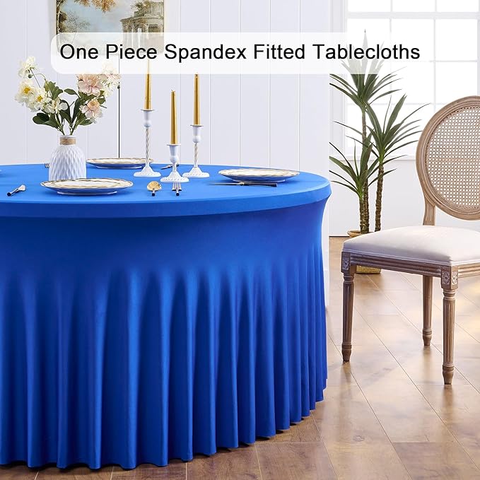 Outpain 12 Pack Spandex Royal Blue Round Tablecloths for 60in Tables, 120Inch Stretchy Fitted 5FT Round Table Clothes,Wrinkle Free Table Cover with Skirt for Wedding Party Dining Banquet