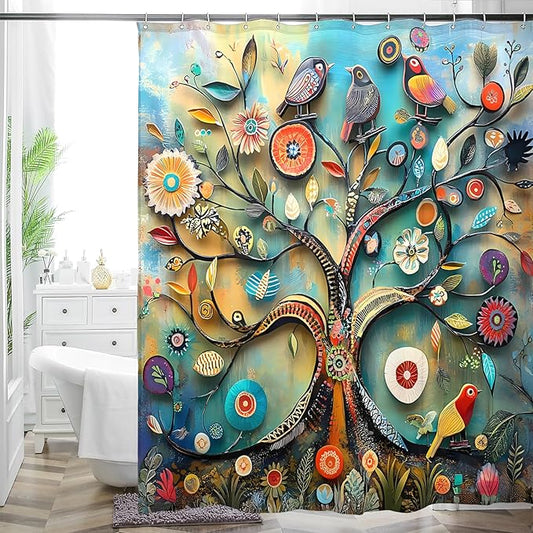 Bohemian Bathroom Curtain Colorful Boho Floral Print Beautiful Bright Polyester Fabric Cloth Shower Curtain for Bathroom Decoration, 72"x72"