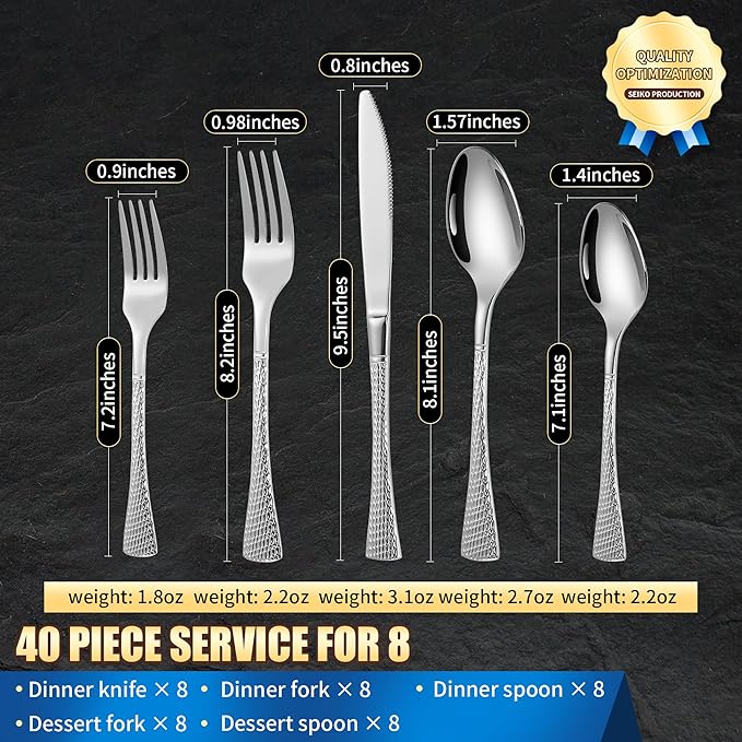 Hammered Silver Silverware Set for 8,Stainless Steel 40-Piece Modern Cutlery Set,Mirror Polished Heavy Duty Flatware Set Utensil Set,Knives Spoons and Forks Set,Dishwasher Safe