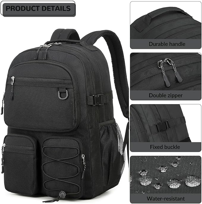 Lohol Water Resistant Daypack with Mulitiple Pockets for School Travel Outdoor College, 15.6 inch Laptop Backpack for Men and Women (Black)