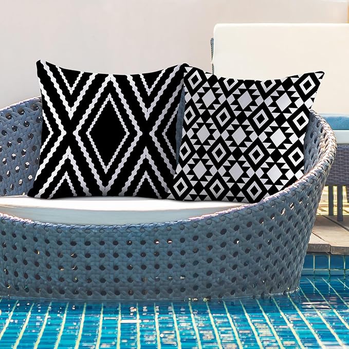 NIGHTWISH Outdoor Waterproof Pillow Covers 18x18 Set of 4 Black and White Decorative Outdoor Throw Pillows Boho Cushion Cases for Patio Furniture Bench Couch Sunbrella