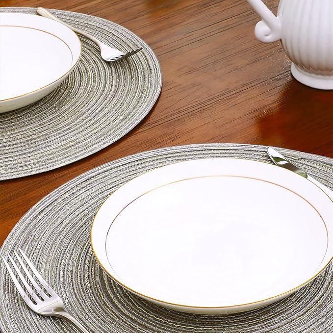 SHACOS Round Braided Placemats Set of 6 Glitter Circle Place Mats Washable 15 inch Table Mats for Dining Table Wedding Party (Light Gray Gold, 6)