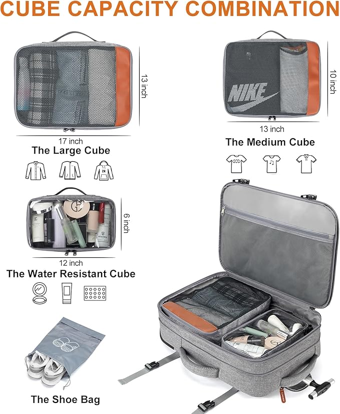 Rolling Backpack for Men and Women, Extra Large 42L Travel Backpack with Wheels, 17.3 Inch Carry-On Laptop Backpack with 4 packing cubes for Business and Work, Large Capacity Rolling Bag(Grey)