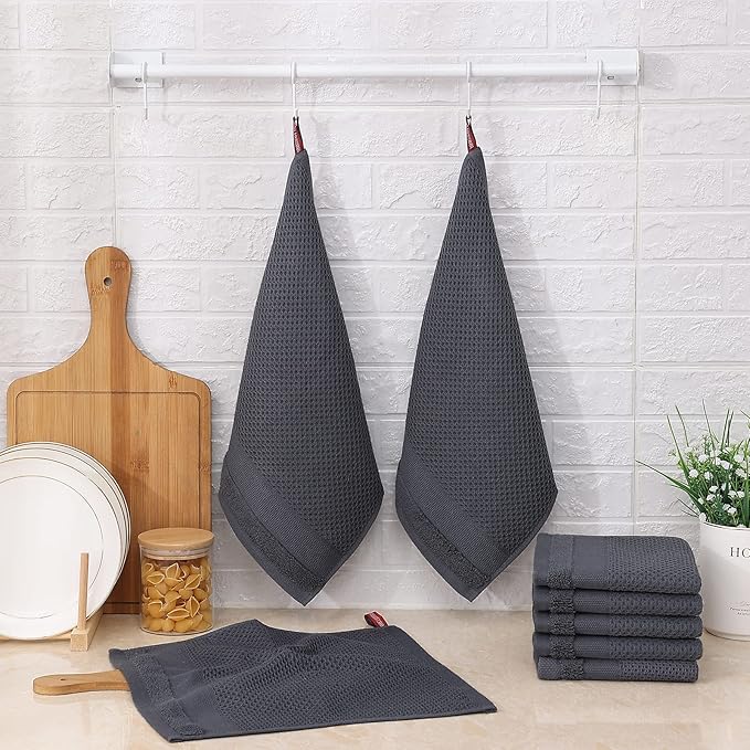 Homaxy 100% Cotton Dish Cloths, 6 Pack - 12 x 12 Inches, Waffle Weave Super Soft and Absorbent Dish Towels Quick Drying Dishcloths, Dark Grey
