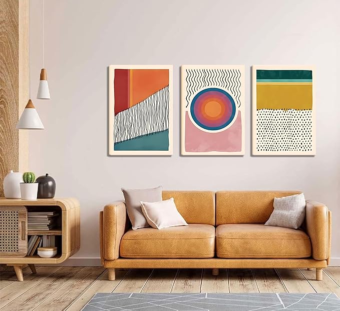 Set of 3 Framed Boho Wall Art Mid Century Modern Wall Decor Posters Abstract Color Block Geometric Canvas Paintings Prints Colorful Simple Line Pictures for Living Room Bedroom Home Decoration（12x16）