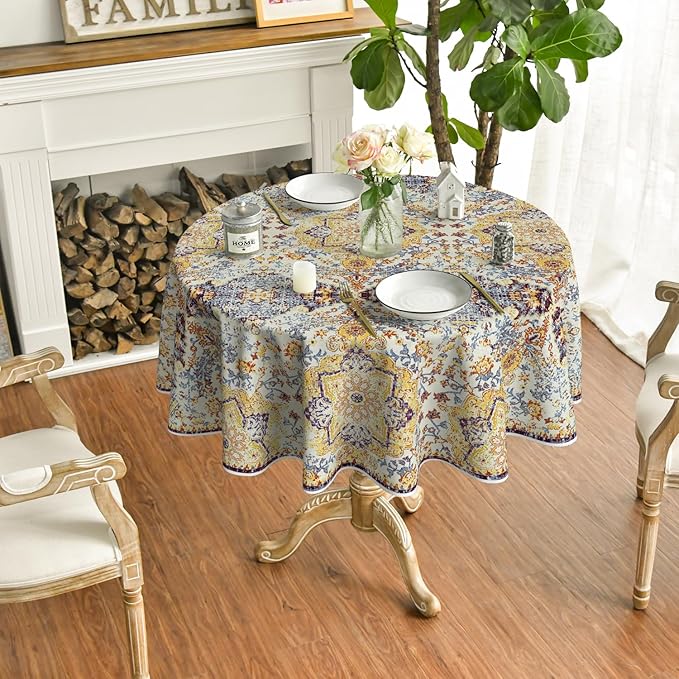 Horaldaily Boho Bohemia Style Tablecloth 70×70 Inch Round, Yellow Vintage Country Rustic Farmhouse Magical Fall Orange Washable Seasonal Table Cover for Party Picnic Dinner Decor