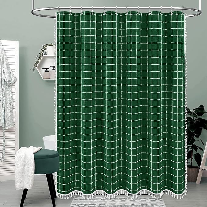 BTTN Extra Long Shower Curtain - 72x84 Inch Long Boho Chic Tassel Linen Fabric Shower Curtain Set with Hook, Tall Modern Farmhouse Elegant Heavy Duty Cloth Shower Curtains for Bathroom - Emerald Green