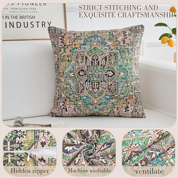 Boho Throw Pillow Covers 16x16 inch Set of 2,Boho Vintage Carpet Pattern Antique Ethnic Decor Double Sided Pattern Cushion Cover Soft Pillow Case Living Sofa Room Bed Square Pillow Cover