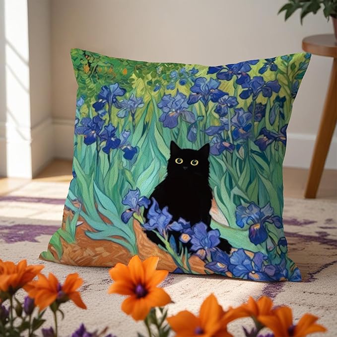 William Morris Floral Black Cat Pillow Covers 18x18, Cat Lovers Mom Grandma Gifts for Mother's Day, Blue Floral Cats Decorative Pillow Covers for Home Bedroom Living Room Office Decor