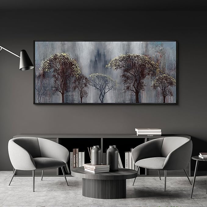 KLAKLA Living Room Wall Art - Black and White Wall Decor Large Picture Landscape Black and Gold Tree Artwork for Walls Frame Canvas Bedroom Office Home Decor 70x31 Inches