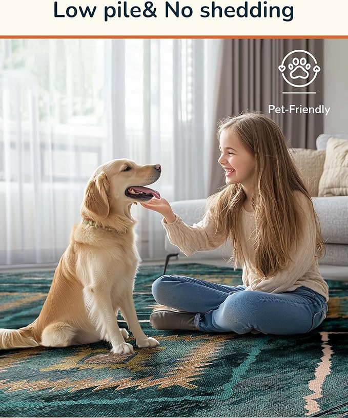 Area Rug 4x6 Rug Machine Washable Non-Slip Low Pile Print Pattern Western Rug for Living Room Bedroom Entryway Tribal Series -Teal/Green