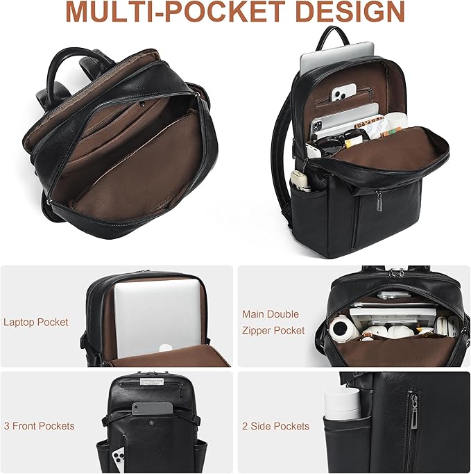 Leather Laptop Backpack for Women, 15.6 Inch Laptop Travel Backpack Purse Large Capacity Computer Bag, Casual Daypack Nurse Bag College Bookbag for School, Black