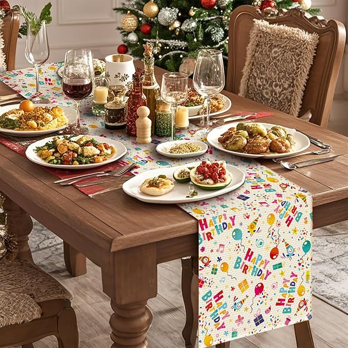 Happy Birthday Table Runner Seasonal Spring Fall Kitchen Dining Linen Table Decoration for Indoor Outdoor Home Party Dinner 13x72 Inch