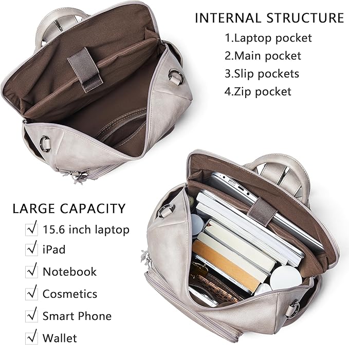 Shrrie Vegan Leather Laptop Backpack for Women 15.6 inch Work Backpack Fashion Travel Backpack Purse for Business College