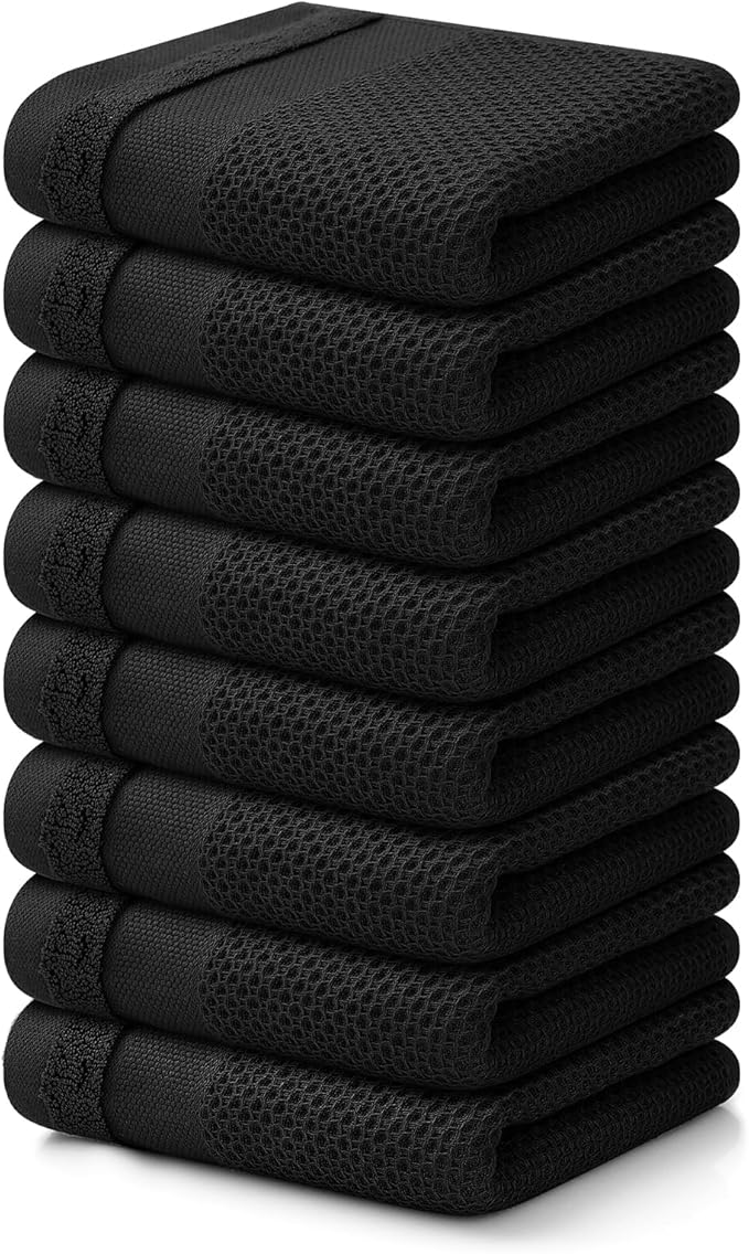 Homaxy 100% Cotton Waffle Weave Kitchen Towels, 13 x 28 Inches Super Absorbent and Machine Washable Dish Towels for Drying Dishes, 8-Packs, Black
