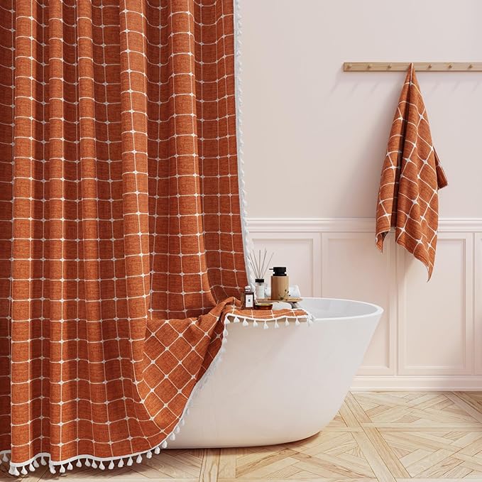 BTTN 78 Inch Long Shower Curtain - Boho Farmhouse Linen Ultra Thick Fabric Shower Curtain Set with Plastic Hooks, Tall Rustic Country Weighted Cloth Shower Curtains for Bathroom - Burnt Orange - 72x78