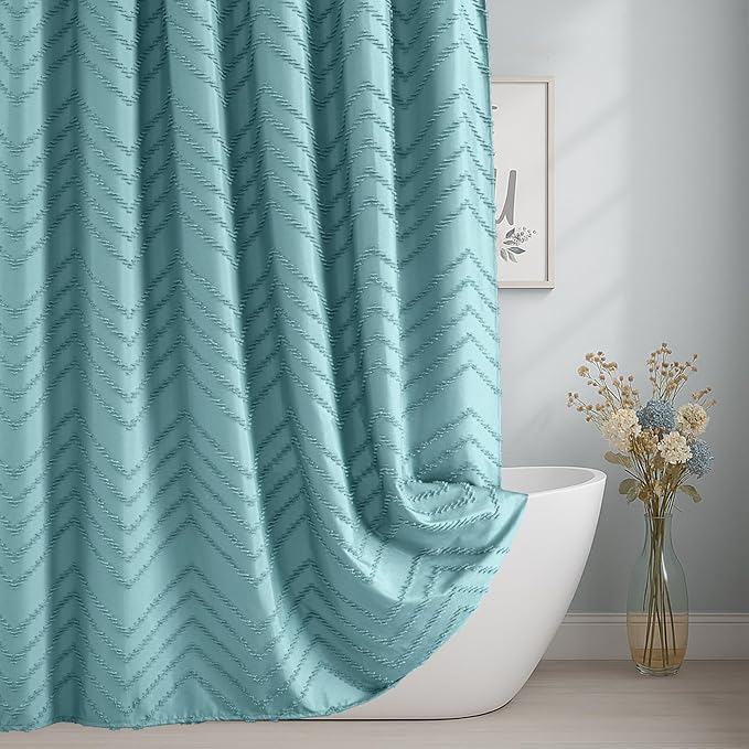 Teal Shower Curtain Boho Farmhouse Shower Curtain 72 x 72 Tufted Chevron Textured Minimalist Shower Curtains for Bathroom
