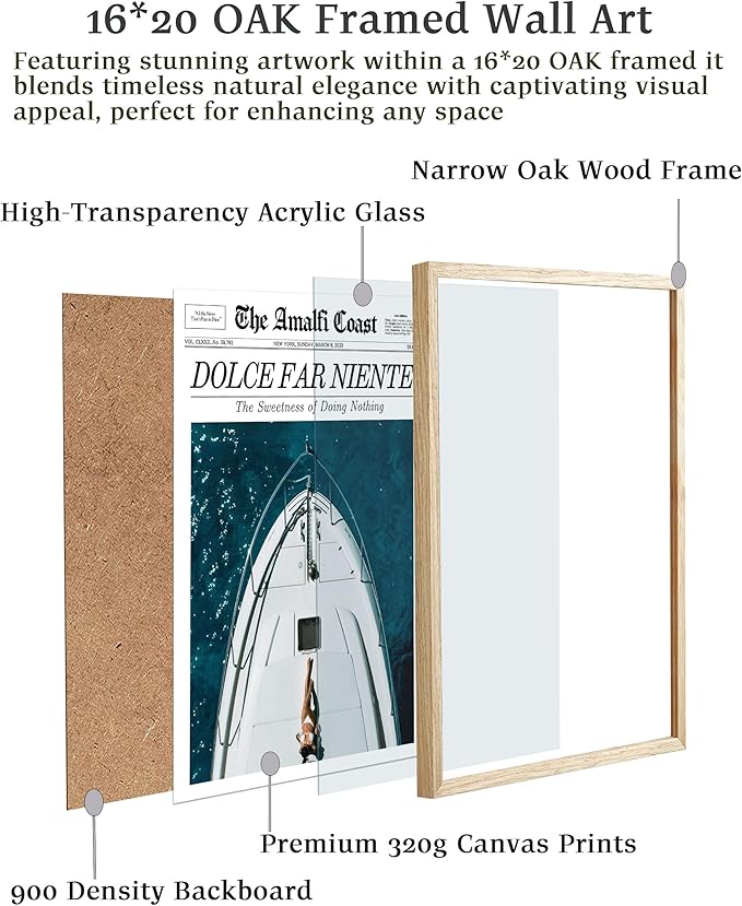 EcoHest Trendy Newspaper Dolce Far Niente Framed Wall Art, Large 16x20 in OAK Wood La Dolce Vita Canvas Art, Magazine Italian Summer Headline Decor, Beige Logs Set of 1 for Bedroom Living Room