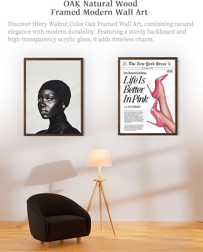 iHery Natural OAK Wood Fashion Black Girl Walnut Color Framed Wall Art, 12x16 in Black and White Modern Hijabi Canvas Wall Decor, Trendy Afro Art For Bedroom Bathroom Living Room 1Pack