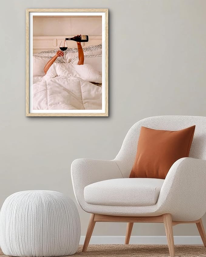 EcoHest Woman Drinking Wine in Bed Framed Wall Art, 16x20 in Large OAK Wood Feminist Alcohol Canvas Art, Trendy Teen Girl Bar Cart College Room Decor, Beige Logs Set of 1 For Bedroom Living Room