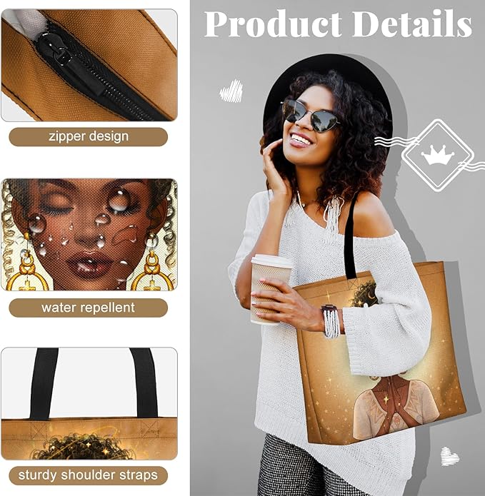 African American Women Tote Bag Black Shoulder Handbag For Women Fit Work Beach Labtops With Zip