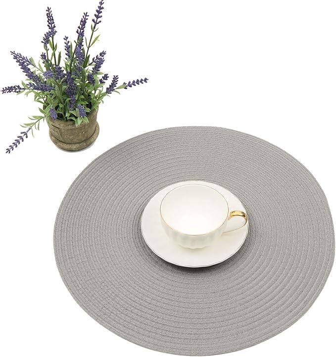 SHACOS Round Braided Placemats Set of 8 Washable Fabric Heat Resistant 15 inch Grey Round Table Mats for Dining Tables (Gray, 8)
