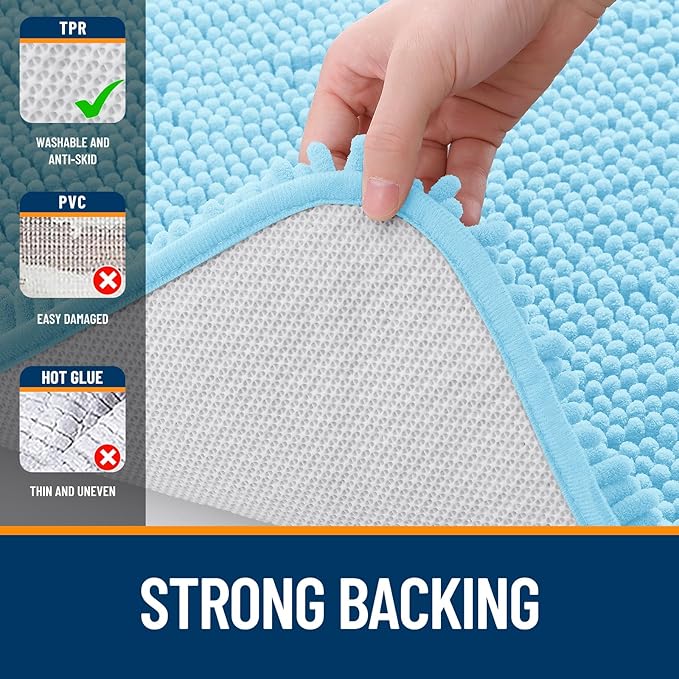 OLANLY Bathroom Rugs 47x17, Extra Soft Absorbent Chenille Bath Rugs, Rubber Backing Quick Dry, Machine Washable Bath Mats for Bathroom Floor, Tub and Shower, Home Decor Accessories, Sky Blue