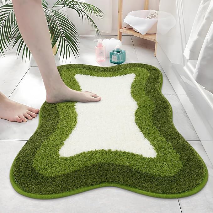 HAOCOO Green Bath Rug 20x31 inch, Soft Non Slip Gradient Irregular Shape Rug for Bathroom Decor, Microfiber Absorbent Washable Shower Rug Tub Shower