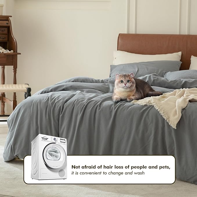 FOSSA Duvet Cover Set 100% Washed Cotton 2 Pieces Bedding Set Twill Soft Cozy Breathable Sturdy Substantial with Textured Weave Solid Blueish Grey Twin/Twin XL