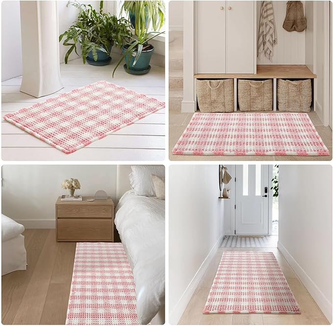 Waffle Runner Rug Bathroom, Long Boho Bathroom Rugs Non Slip Washable Absorbent Checkered Bathroom Mat Quick Dry Cute Bath Mat, 72"x24" Pink and White