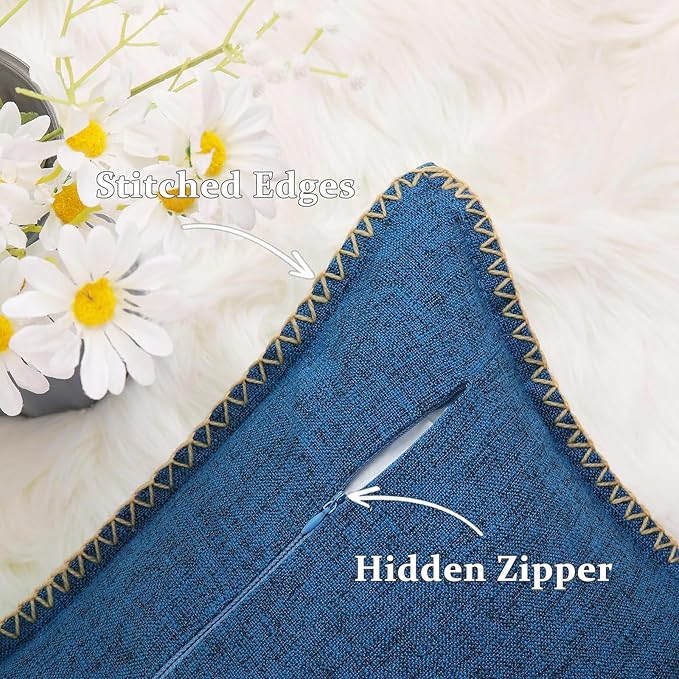 decorUhome Decorative Outdoor Throw Pillow Covers 18x18 Set of 2, Square Linen Rustic Neutral Farmhouse Euro Pillow Covers with Stitched Edge for Couch, Sofa, Living Room, Dark Blue