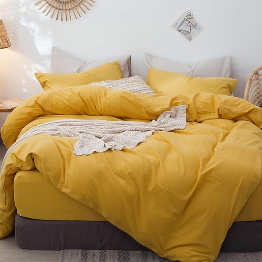 MooMee Bedding Duvet Cover Set 100% Washed Cotton Linen Like Textured Breathable Durable Soft Comfy (Solid Yellow, Twin 68"x90")