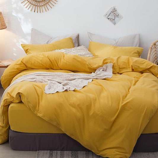 MooMee Bedding Duvet Cover Set 100% Washed Cotton Linen Like Textured Breathable Durable Soft Comfy (Solid Yellow, Cal King 104"x98")