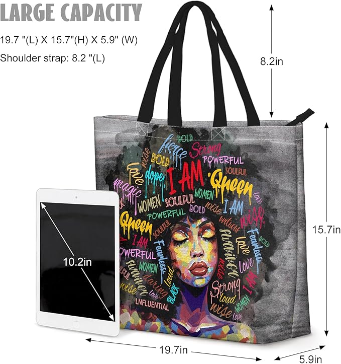 African American Women Tote Bag Black Shoulder Handbag For Women Fit Work Beach Labtops With Zip