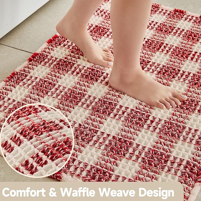 Waffle Bath Mat, Boho Bathroom Rugs Non Slip Washable Absorbent Checkered Bathroom Mat Quick Dry Cute Bath Mat, 24"x16" Red and White