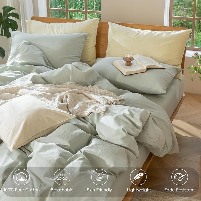 MooMee Bedding Duvet Cover Set 100% Washed Cotton Linen Like Textured Breathable Durable Soft Comfy (Heathered Sage Green, Palatial King/Oversized King 120"x98")