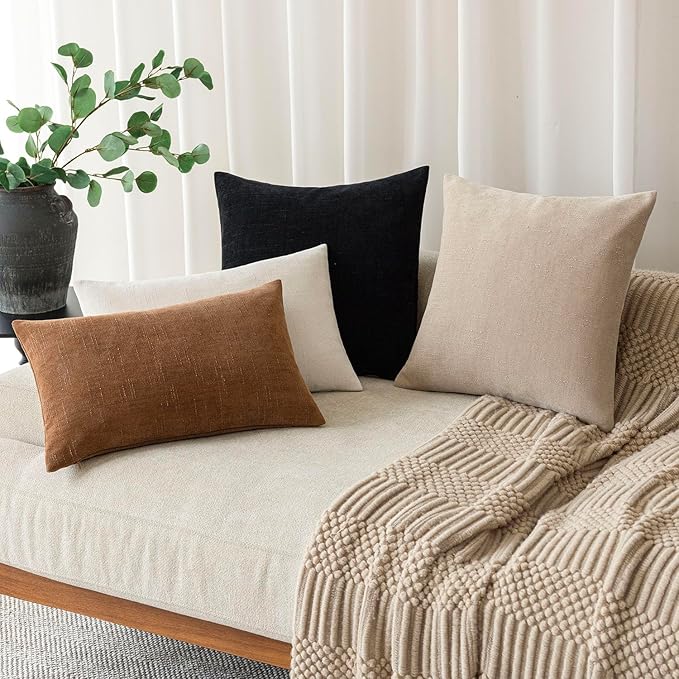 Foindtower Pack of 2 Soft Textured Chenille Throw Decorative Pillow Covers Square Accent Solid Cushion Cover Cozy Farmhouse Pillow Case with Zipper for Couch Sofa Bedroom Living Room 22x22 Inch, Black