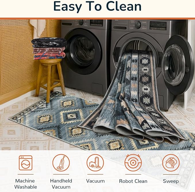 Area Rug 6x9 Rug Machine Washable Rug Non-Slip Low Pile Print Pattern Western Rug for Living Room Bedroom Entryway Tribal Series -Navy/Grey