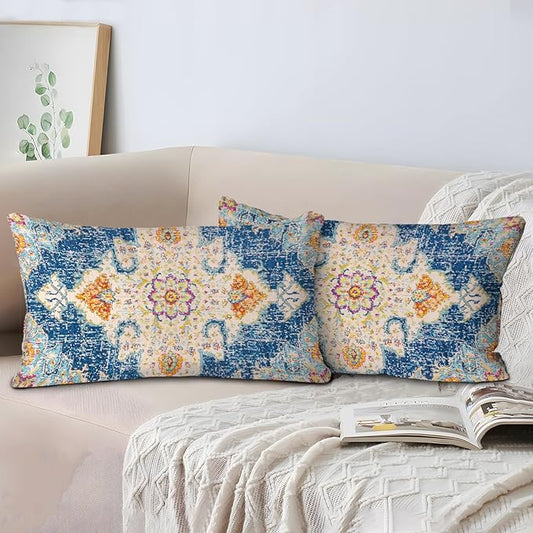 Boho Throw Pillow Covers 12x20 inch Set of 2,Boho Vintage Carpet Pattern Antique Ethnic Decor Double Sided Pattern Cushion Cover Soft Pillow Case Living Sofa Room Bed Square Pillow Cover