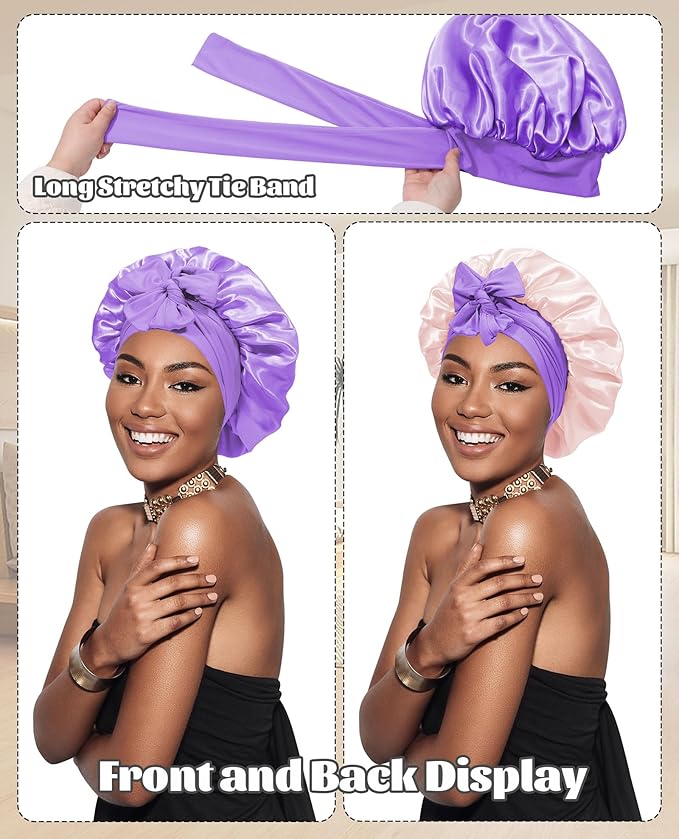 Satin Bonnet Silk Bonnet for Sleeping Silk Sleep Cap Double Layer Hair Bonnet with Elastic Tie Band for Curly Hair Night Cap (Light Purple+Champagne)