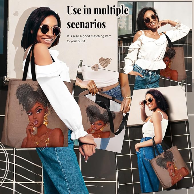 African American Women Tote Bag Black Shoulder Handbag For Women Fit Work Beach Labtops With Zip