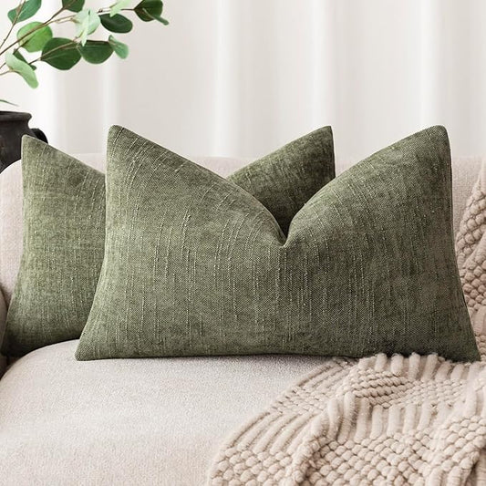 Foindtower Pack of 2 Textured Chenille Throw Decorative Pillow Covers Square Accent Solid Cushion Cover Neutral Farmhouse Lumbar Pillow Case for Couch Sofa Bedroom Living Room 12x24 Inch,Dark Green