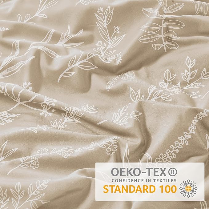 MUXHOMO Duvet Cover King Size, Reversible Floral Beige Duvet Cover Set with Zipper Closure, 3 Pieces Botanical Patterns Soft Microfiber Bedding Set (90"x104", 2 Pillow Cases 20"×36")