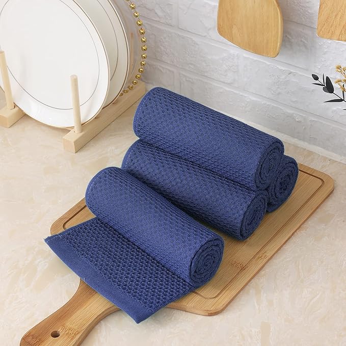 Homaxy 100% Cotton Waffle Weave Kitchen Towels, 13 x 28 Inches Super Absorbent and Machine Washable Dish Towels for Drying Dishes, 4-Packs, Navy Blue