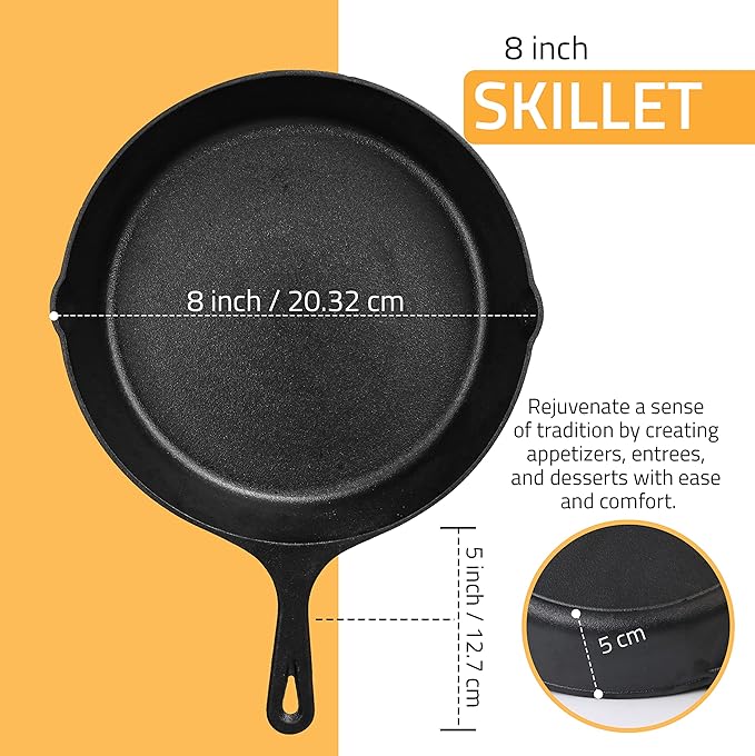 Utopia Kitchen Cast Iron Frying Pan 8 Inch, Cast Iron Chefs Pan, Pre Seasoned Skillet, Safe Grill Cookware for Indoor & Outdoor Use, Black