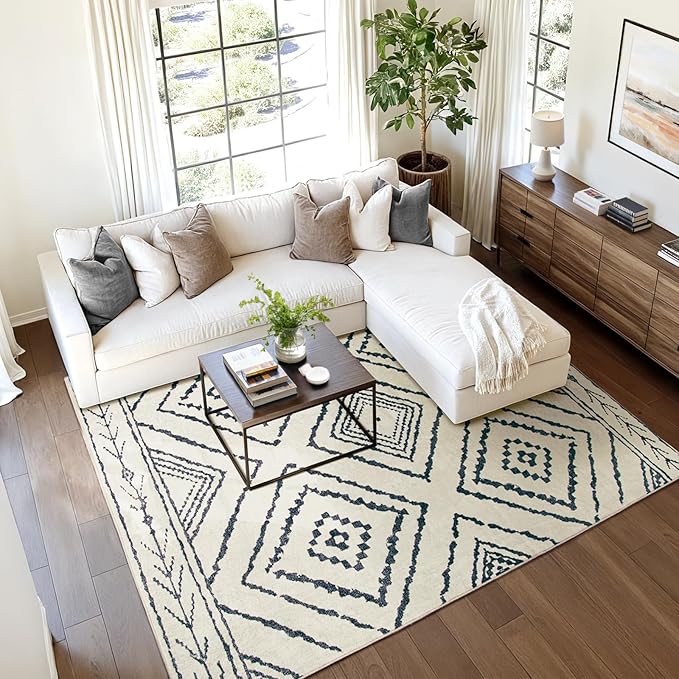 Area Rug 8x10 Rug Machine Washable Non-Slip Low Pile Print Pattern Western Rug for Living Room Bedroom Entryway Tribal Series -Navywhite/Black