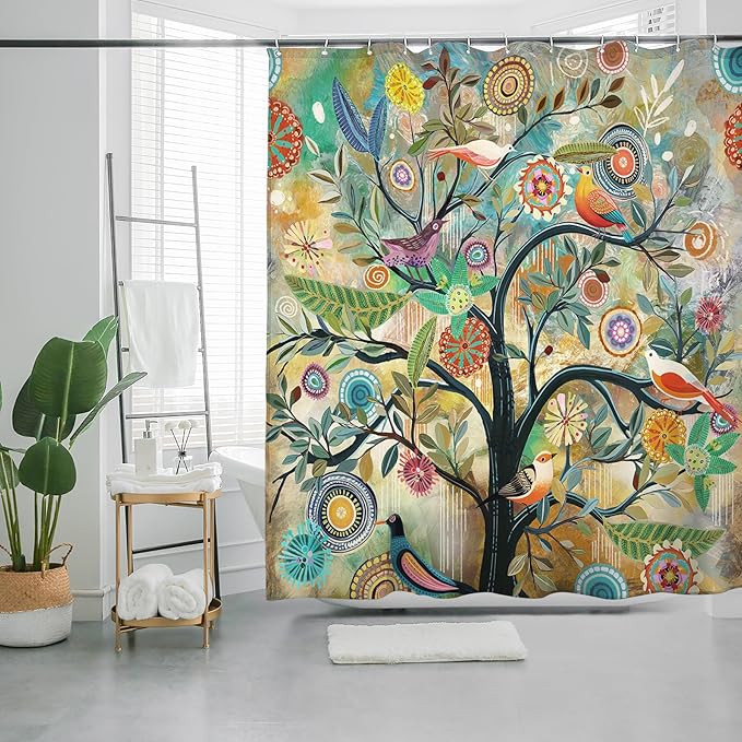 Bohemian Bathroom Curtain Colorful Boho Floral Print Beautiful Bright Polyester Fabric Cloth Shower Curtain for Bathroom Decoration, 72"x72"