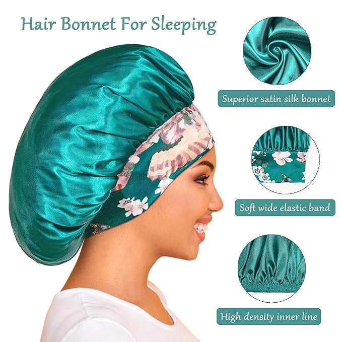 3 Pack Satin Bonnet Silk Hair Bonnet for Sleeping, Sleep Bonnets for Women Large Wide Soft Band Sleep Cap for Curly Hair Braids