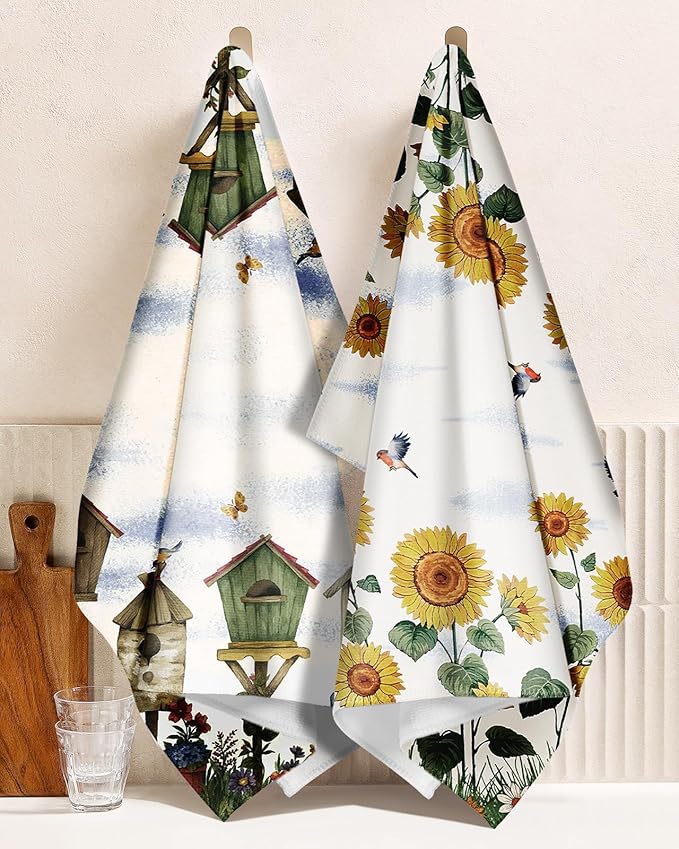 Microfiber Kitchen Towels - Set of 2 Dish Towels for Kitchen 18 x 26 Inch Home Decoration Farm Sunflower Cute Spring Hand Towels Soft & Absorbent Aesthetic Design